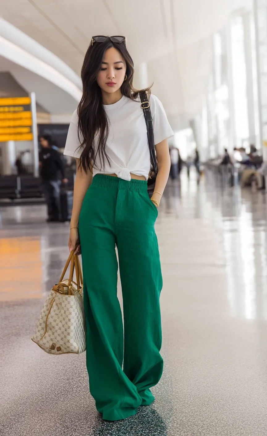 Asian Instagram model in a stylish wide-leg green jeans and white t-shirt outfit at the airport terminal.