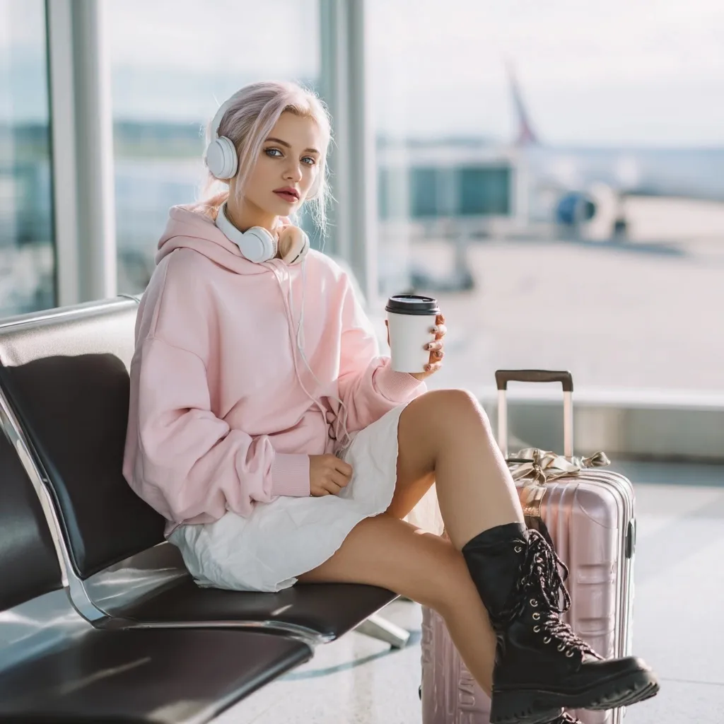 A stylish Slavic model in a pink hoodie and white skirt sitting on an airport bench with headphones and coffee.