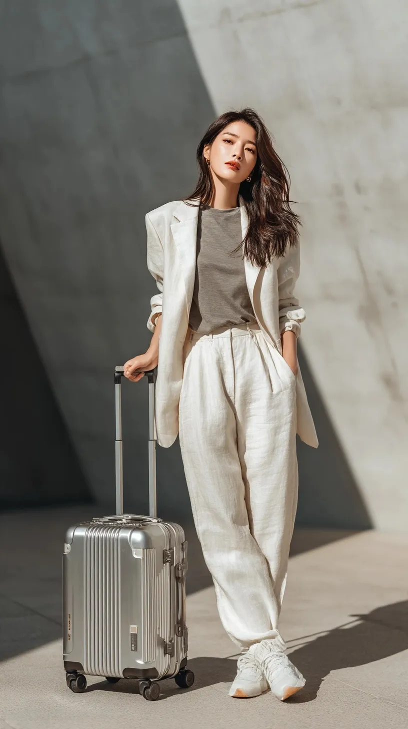 Korean woman in business casual airport outfit posing with a black aluminum suitcase on a concrete plaza.