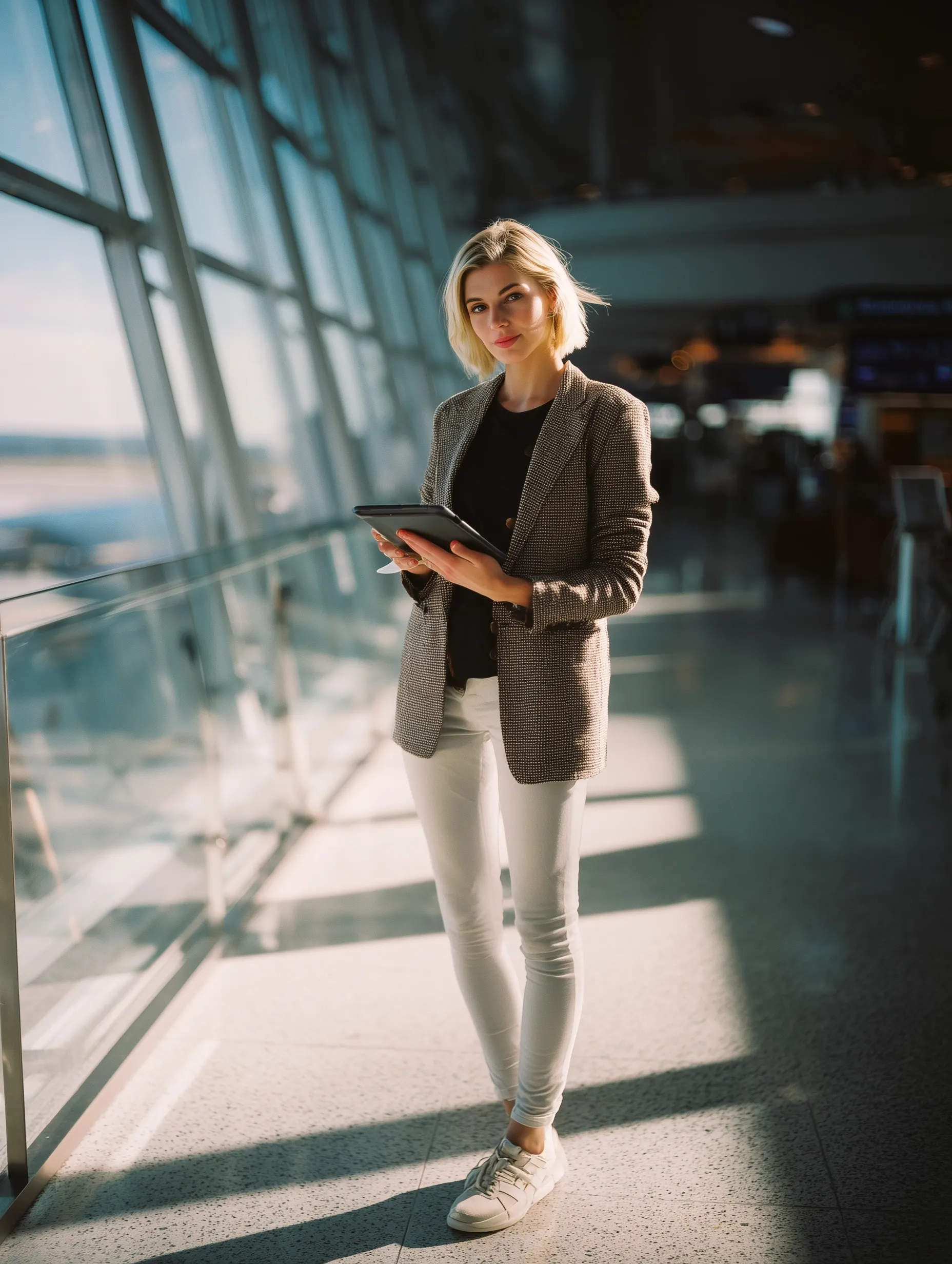 A blonde travel assistant in a blazer holding an iPad at an airport, captured in a stylish 35mm film grain full shot.