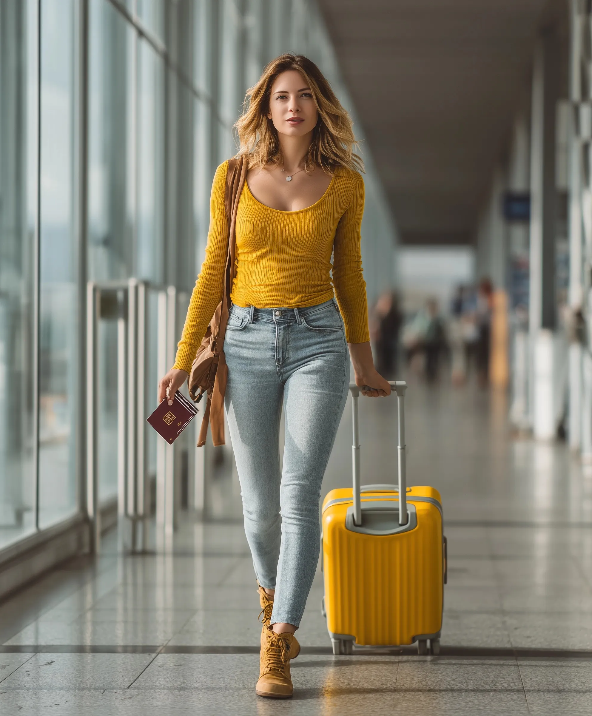 A young woman in casual airport attire retrieving passport and tickets from her bag before security.