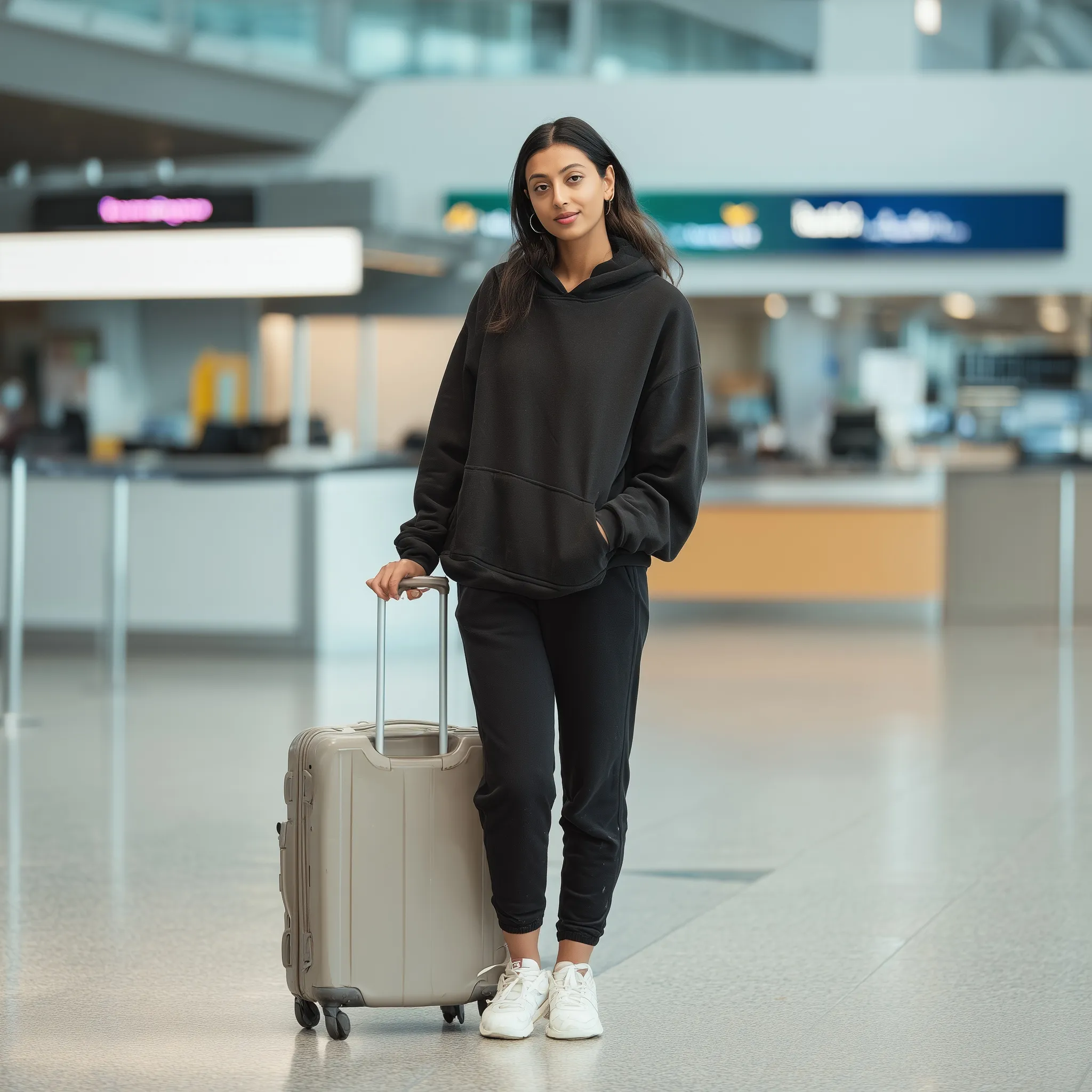 A South Asian woman in an oversized hoodie and leggings with luggage at an airport check-in counter.