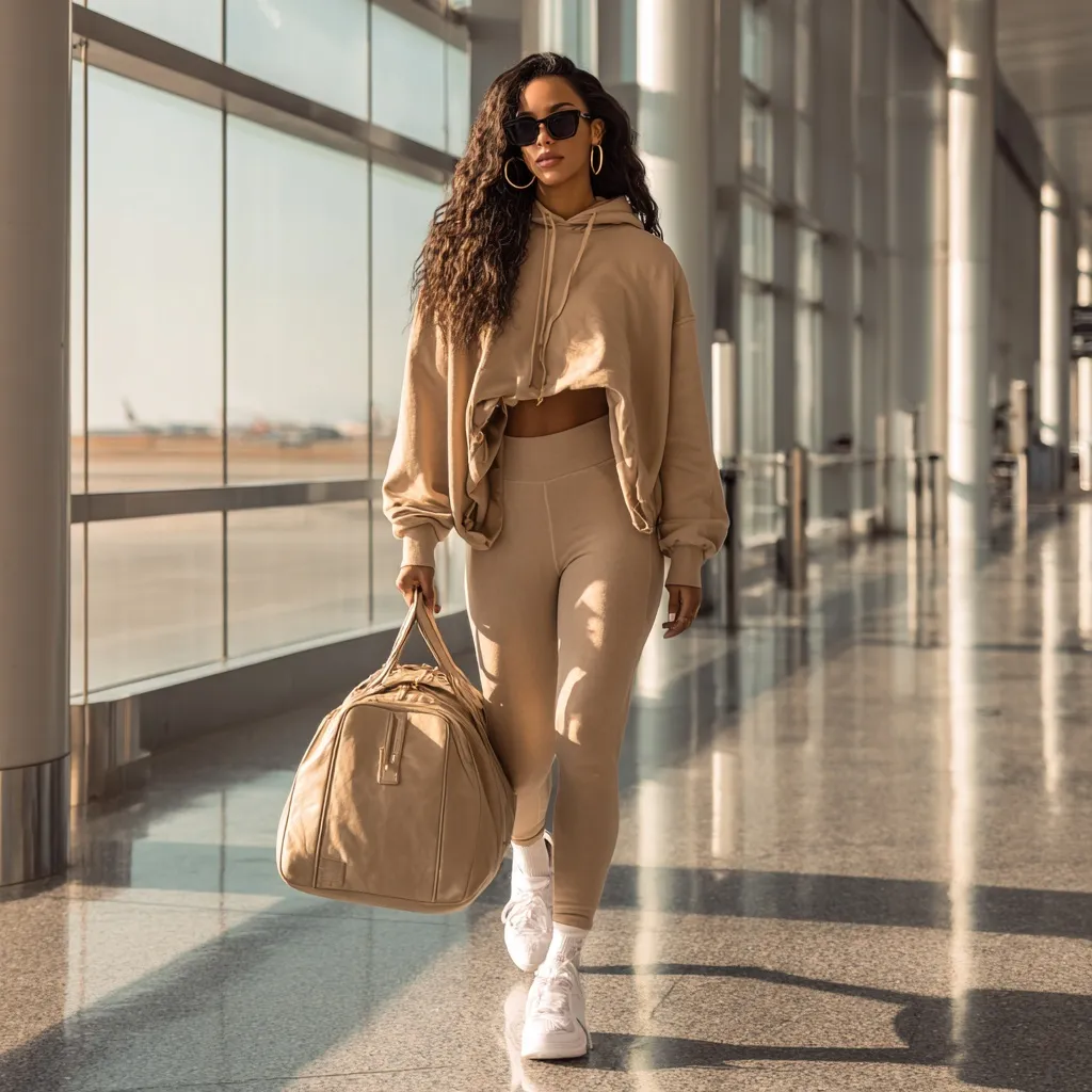 Stylish biracial woman walking through airport with beige luggage and casual chic travel outfit.