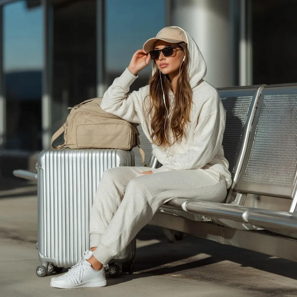 A young woman in a white hoodie and sweatpants sitting with luggage at an outdoor airport terminal on a sunny day.
