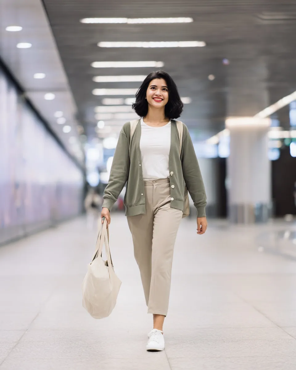 Indonesian woman in stylish Uniqlo outfit commuting through a modern MRT station with a warm smile.