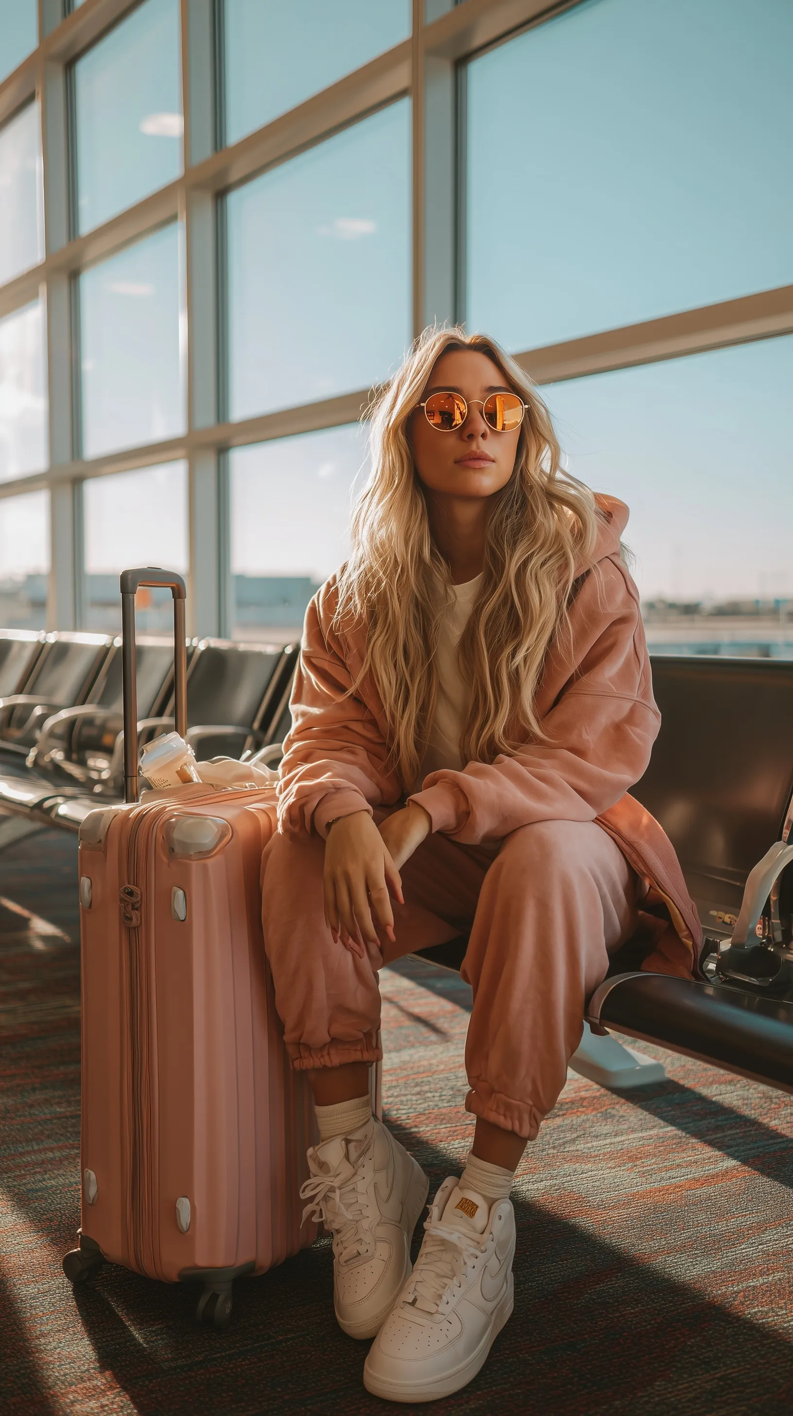 A confident woman waiting at the airport sitting next to her pink suitcase with travel essentials.