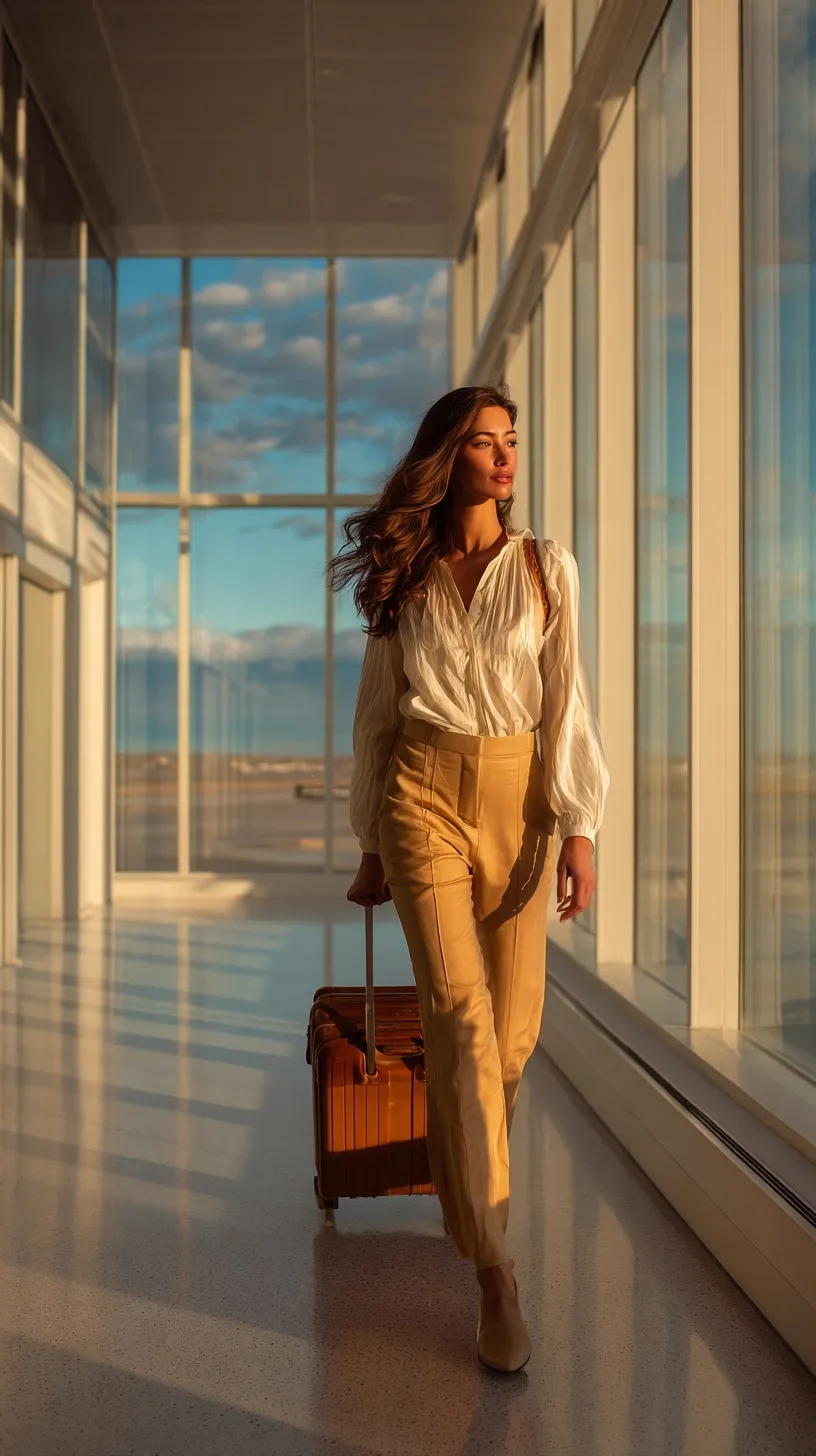 Stylish woman in cream blouse and trousers walking with a leather suitcase in a sunlit international airport.