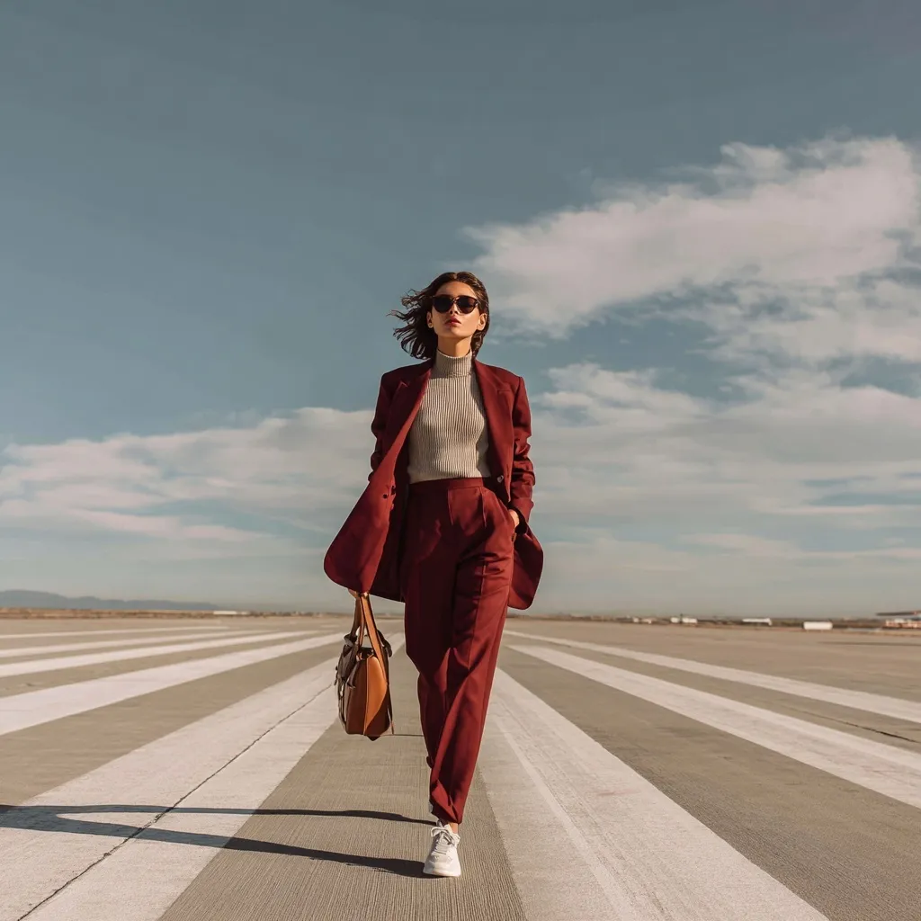 A stylish woman in a maroon suit walking confidently across an airport runway.