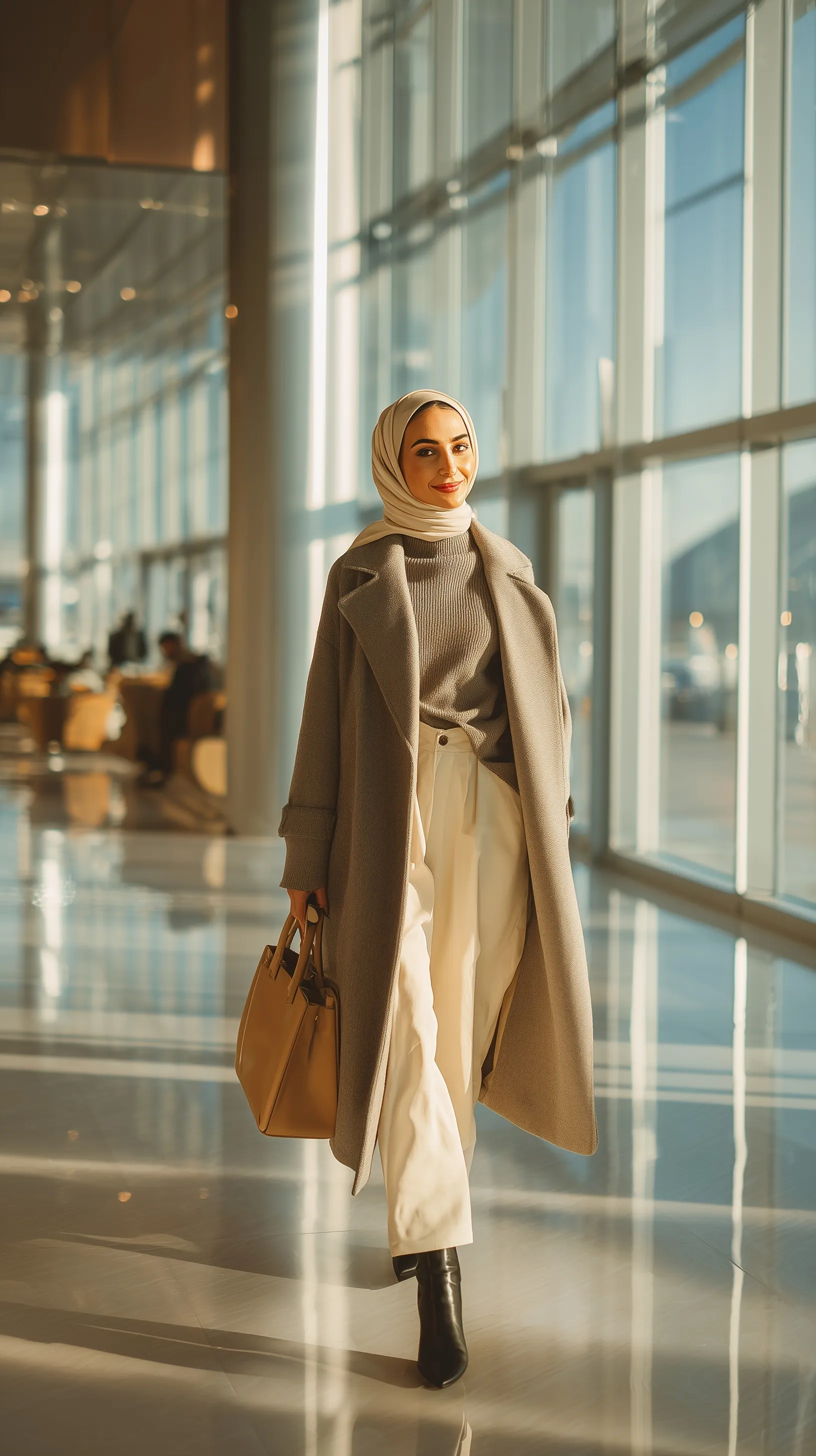 A stylish Saudi woman in a beige coat and hijab walking confidently through a modern shopping mall.