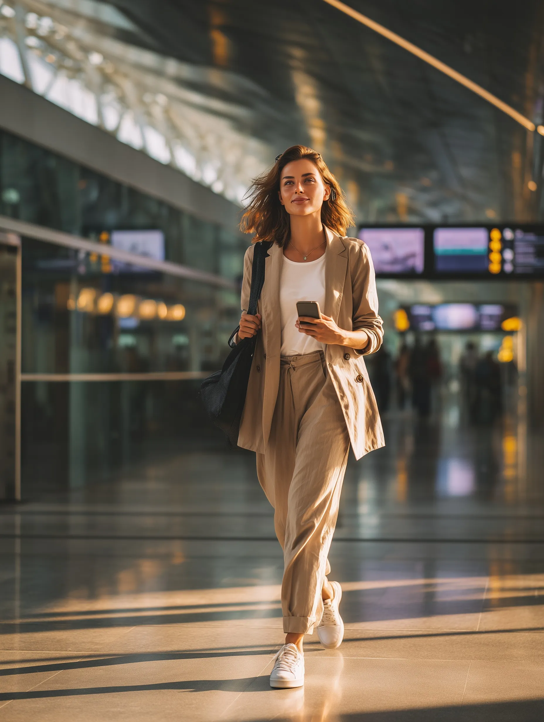 A young professional in business-casual attire walking through a modern Dubai metro station with a phone.