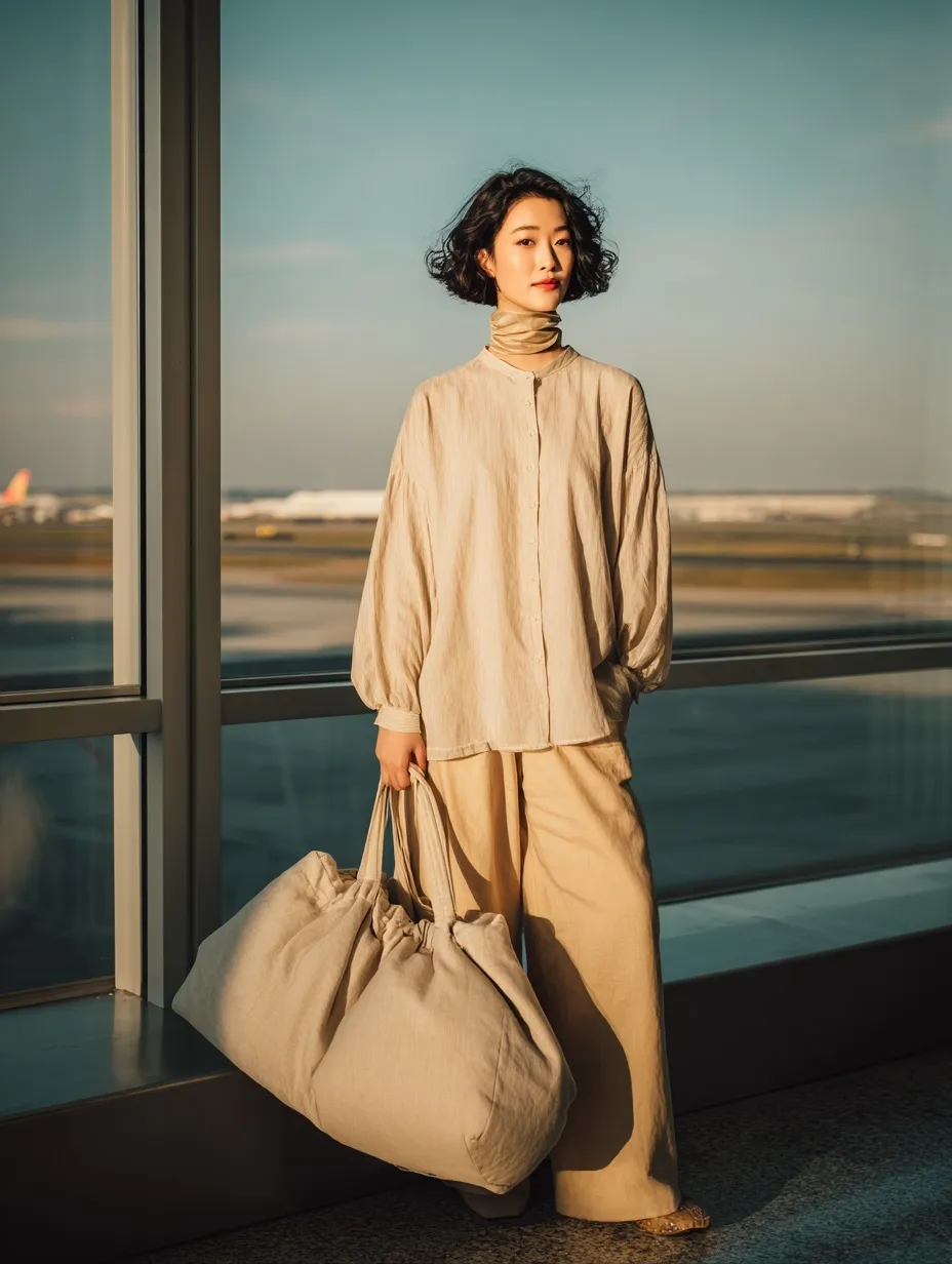Stylish East Asian woman in a beige blouse and loose pants holding a neck pillow at an airport terminal.