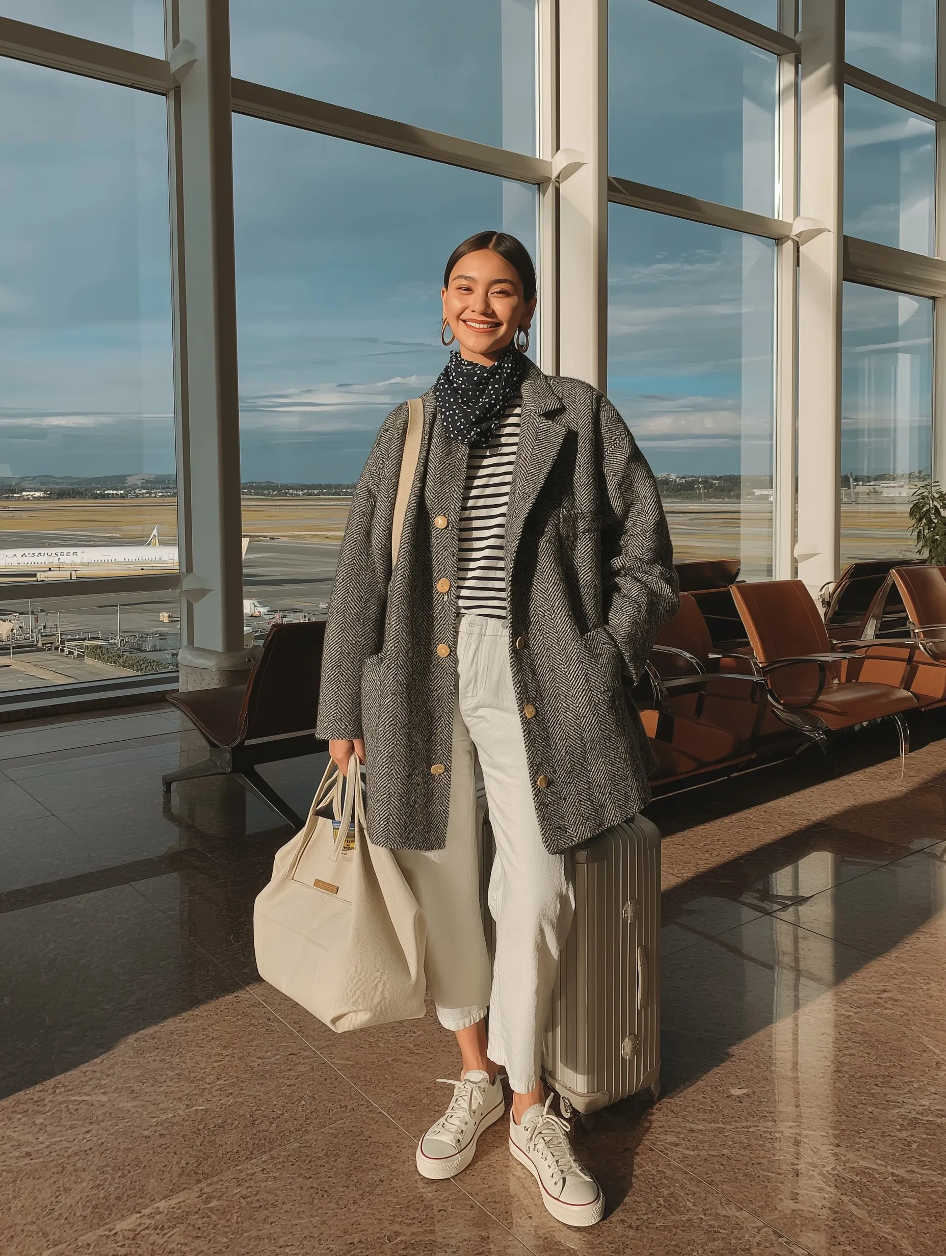 Happy Latina woman with carry-on luggage at a Singapore airport check-in wearing a stylish wool jacket and jeans.