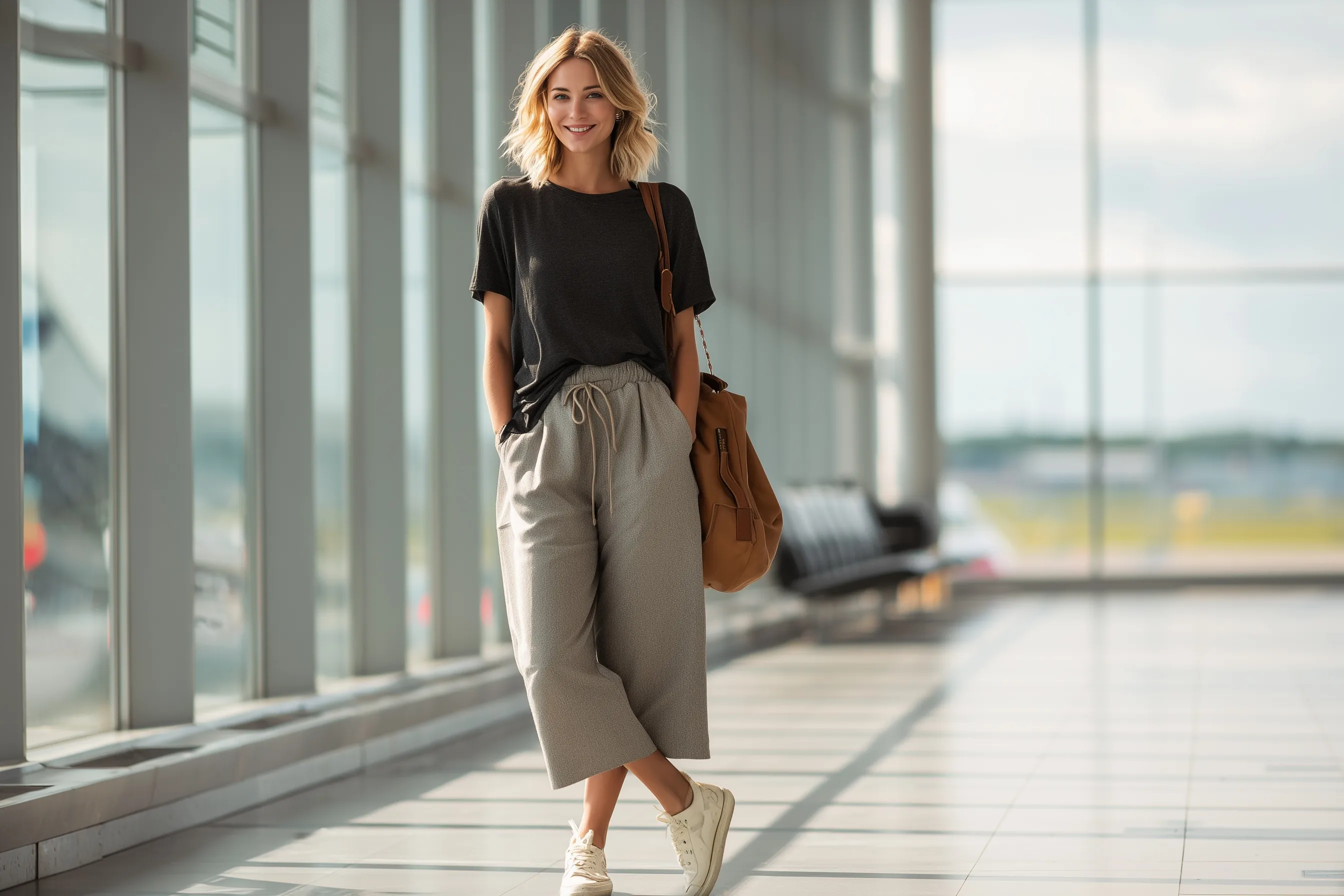 A smiling woman in a stylish airport outfit carrying a shoulder bag while standing in an airy airport terminal.