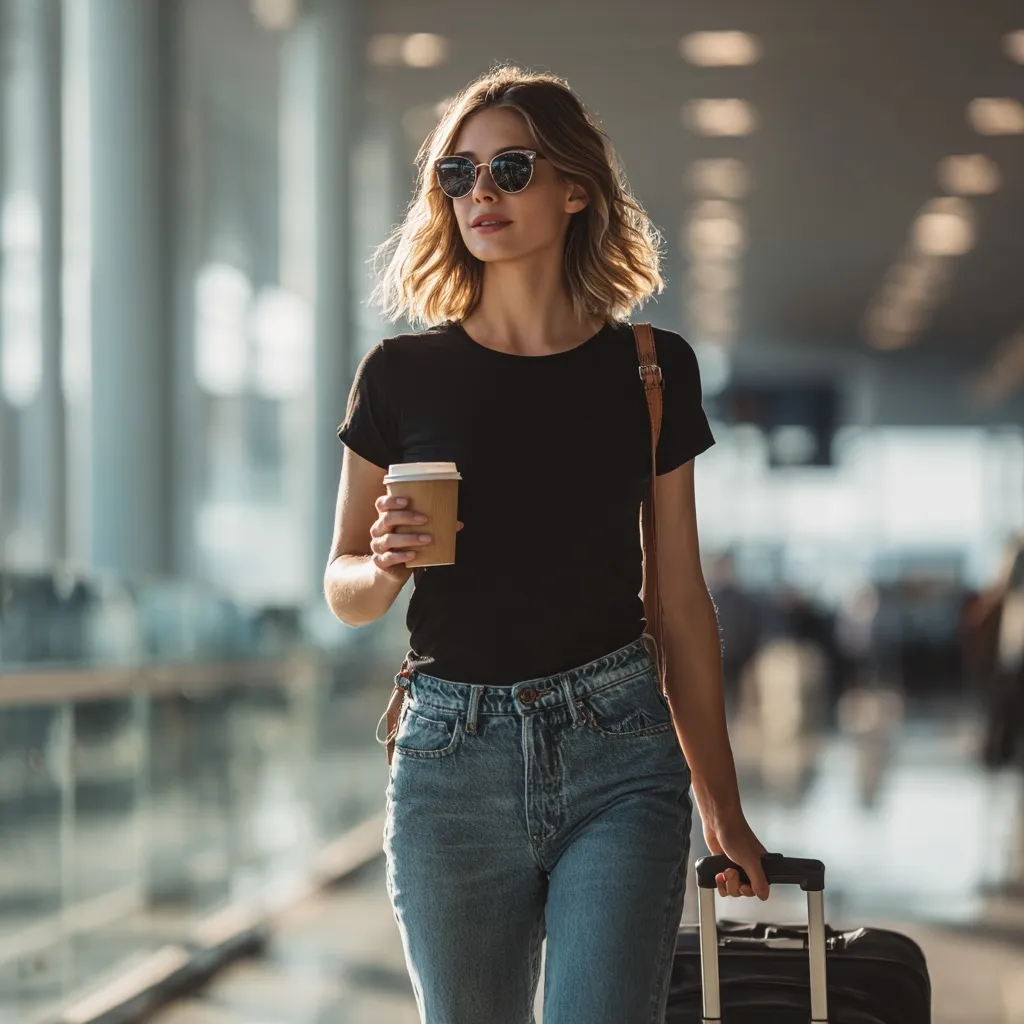 Fashionable woman in a quiet luxury black t-shirt and jeans walking through an airport with luggage and coffee.
