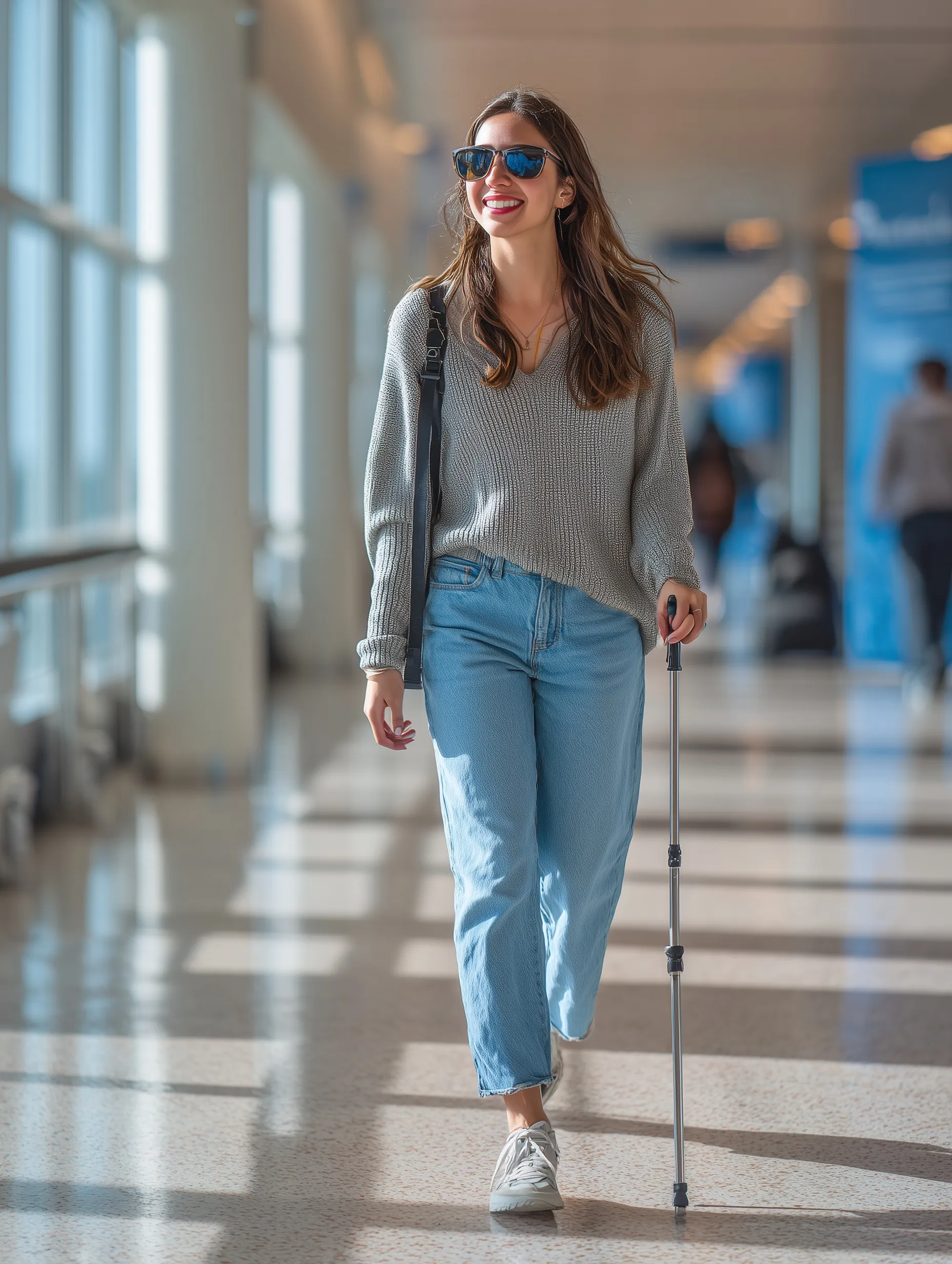 A young Hispanic blind woman smiling and walking with a cane through San Antonio International Airport.