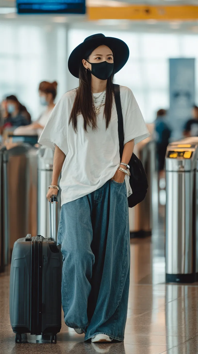 Asian woman wearing an oversized white t-shirt and wide-leg denim pants walking through an airport with luggage.