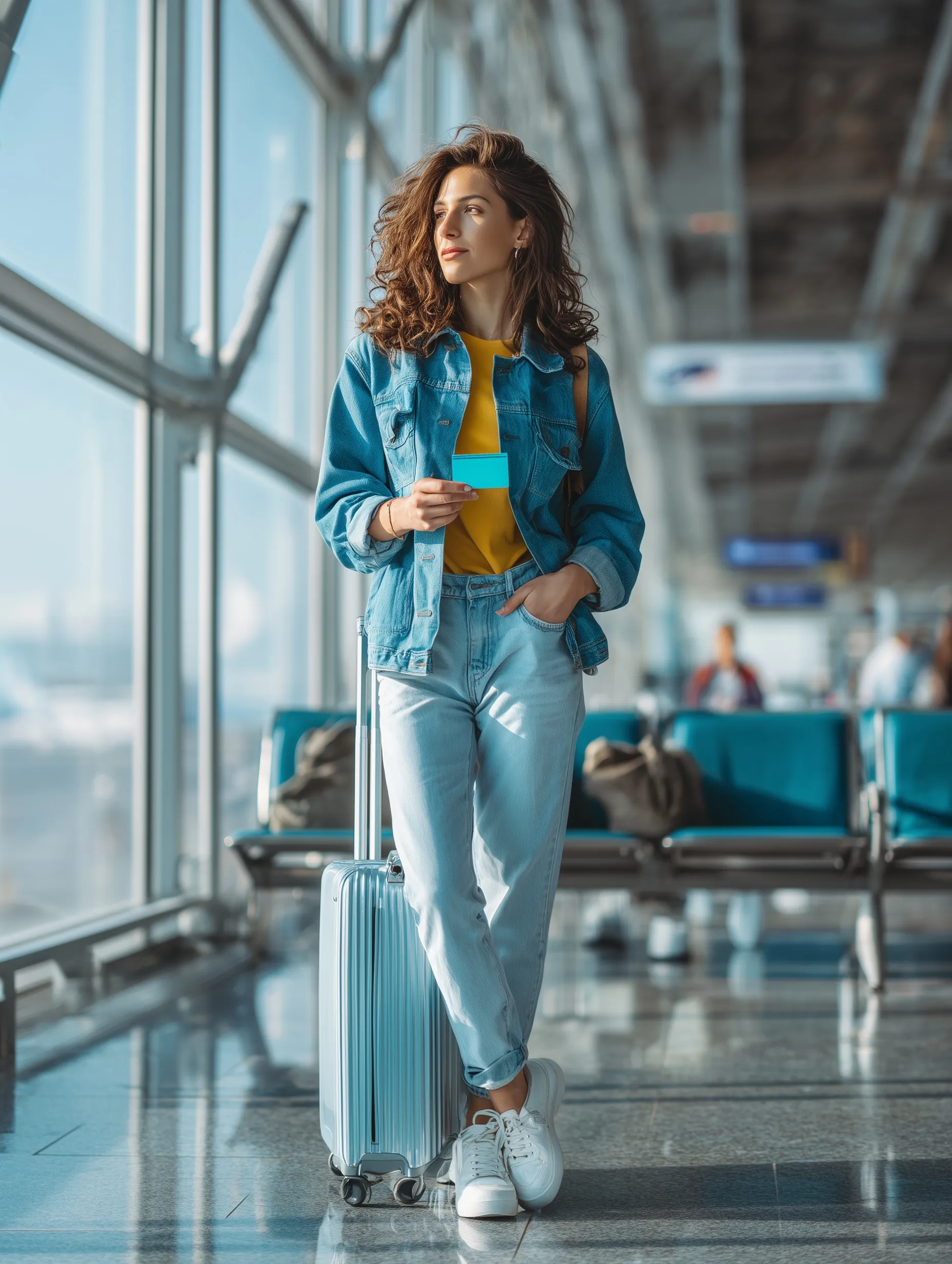 Latin woman holding a credit card and boarding pass at the airport in a casual blue denim travel outfit.