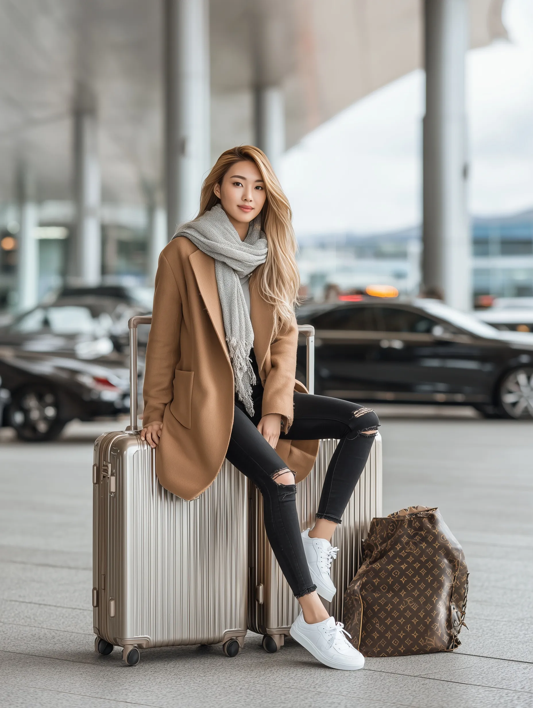 Stylish Asian woman in camel coat posing on a suitcase at a modern airport terminal for a travel fashion editorial.