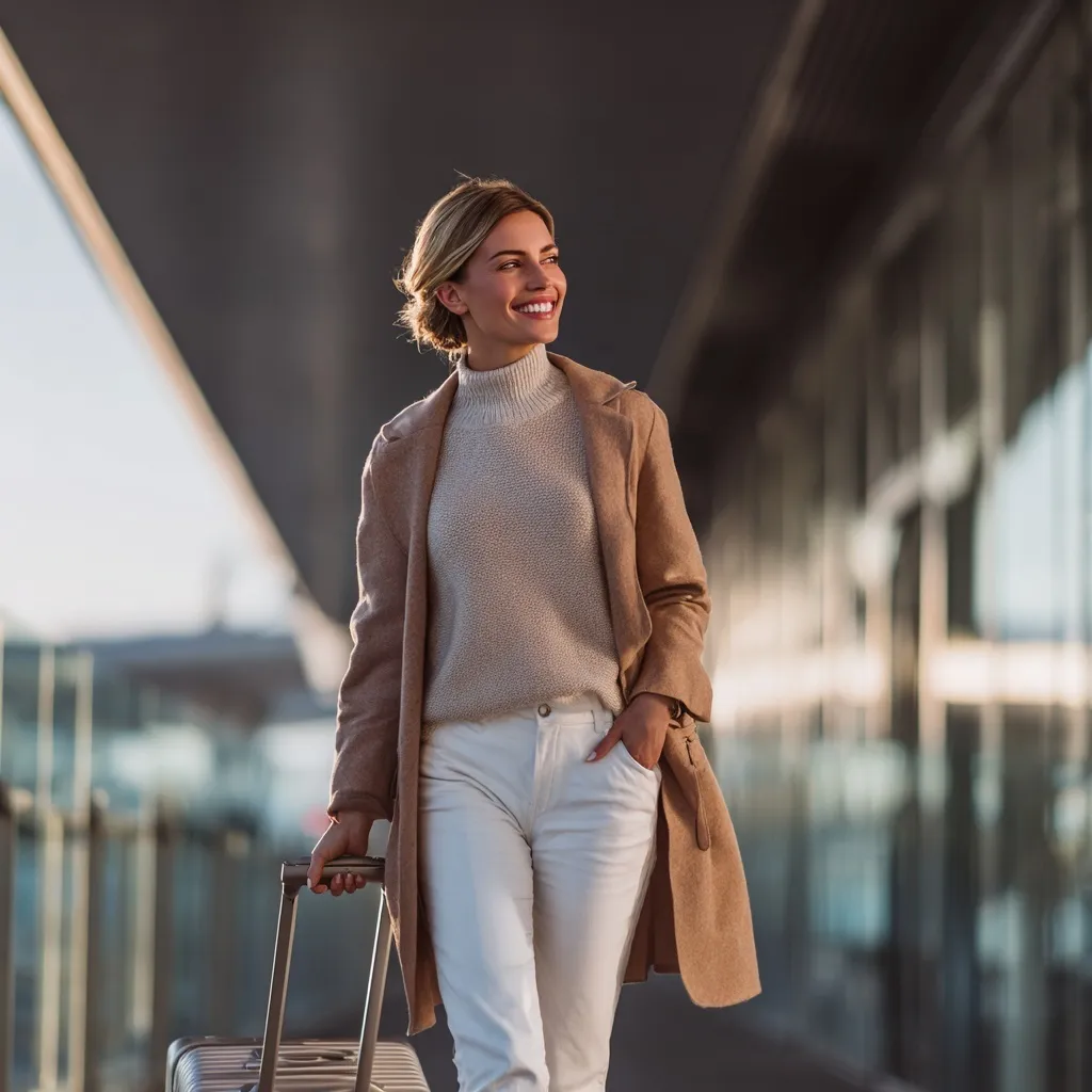 A stylish woman smiling confidently walking out of an airport terminal with no luggage, luxury lifestyle aesthetic.