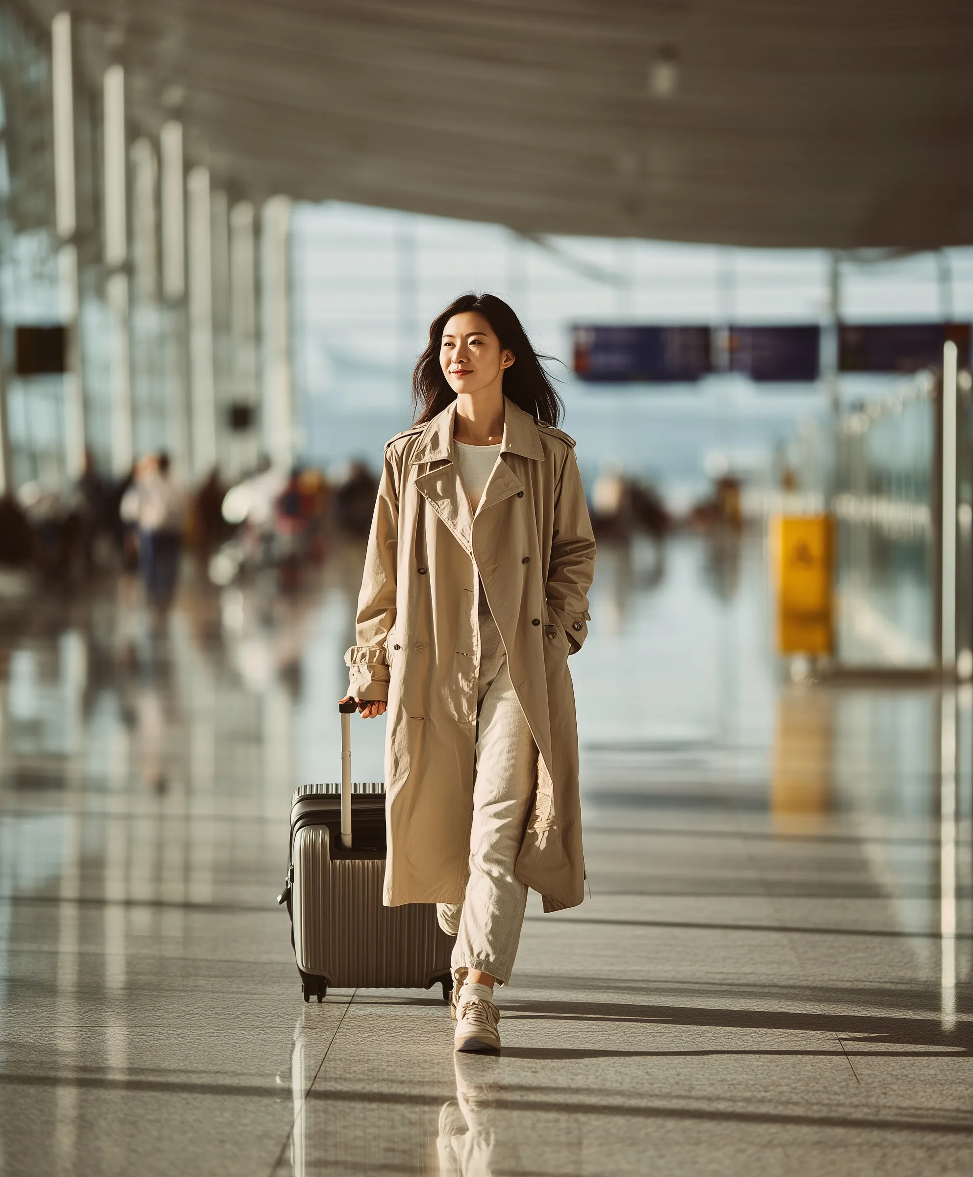 Young East Asian woman in a trench coat walking through an airport terminal with a suitcase, film photography style.