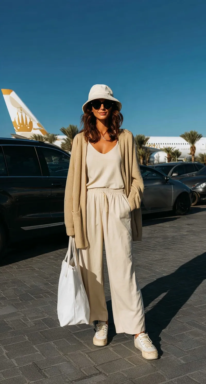 Elegant woman in a neutral airport outfit, wide-leg pants, and bucket hat walking through an airport terminal.
