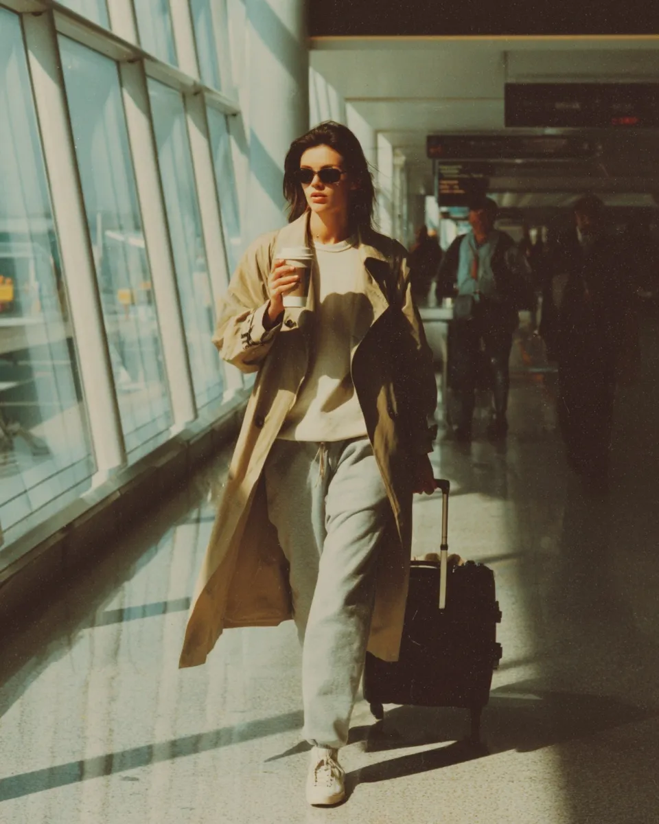 Stylish woman in trench coat and tracksuit walking through a modern airport terminal, 90s film aesthetic.