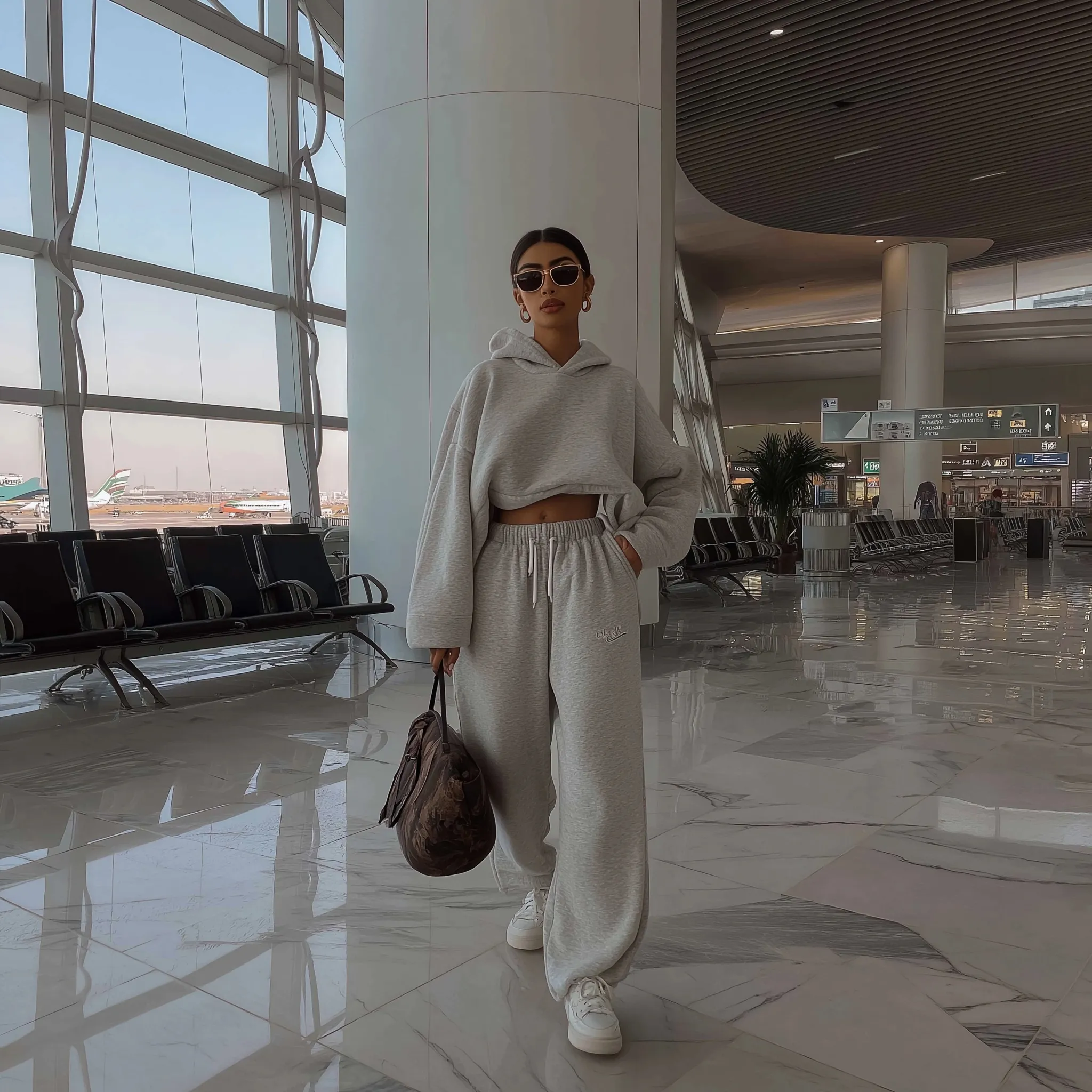 A woman wearing comfortable sweatpants and a hoodie walking through an airport terminal.