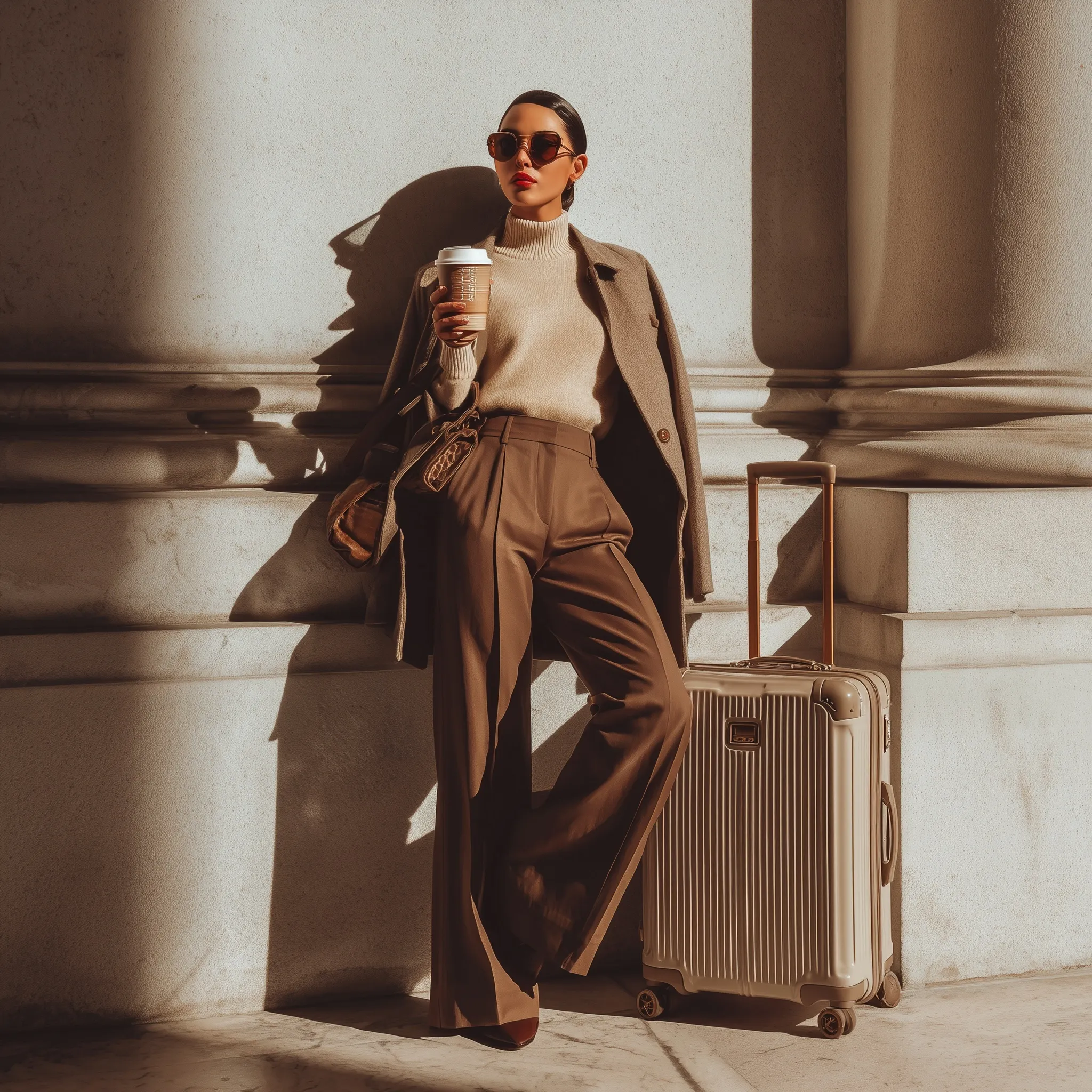 Glamorous woman in a chic beige airport outfit with luggage and coffee leaning against a luxury building wall.