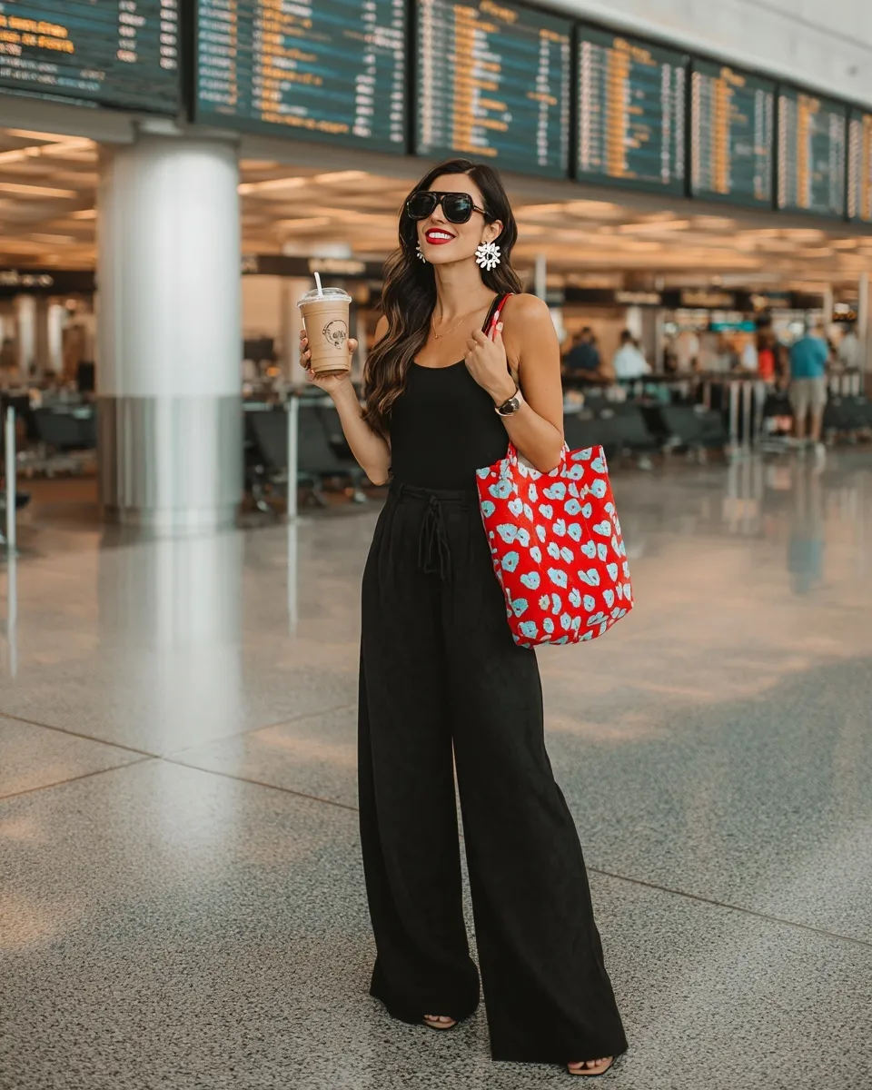 Fashionable woman in chic airport outfit with wide-leg pants and iced coffee in a busy terminal.
